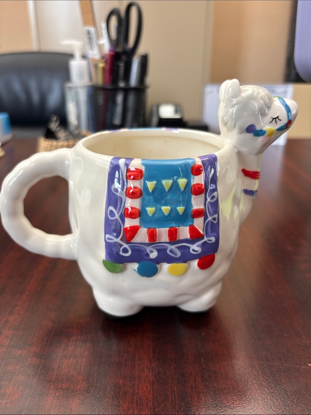 White Ceramic Llama Mug with Colorful Saddle